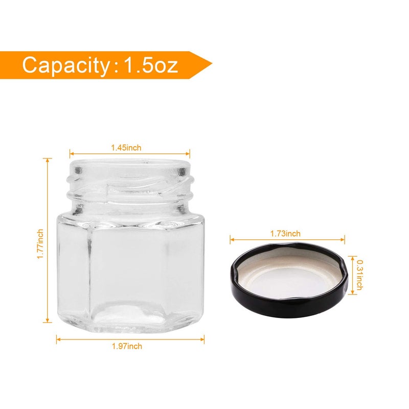 Encheng 1.5 oz Clear Hexagon Jars, Small Glass Jars With Black Lids, Mason Jars for Herbs, Foods, Jams, Liquid, Mini Spice Storage 30 Pack - Image 2